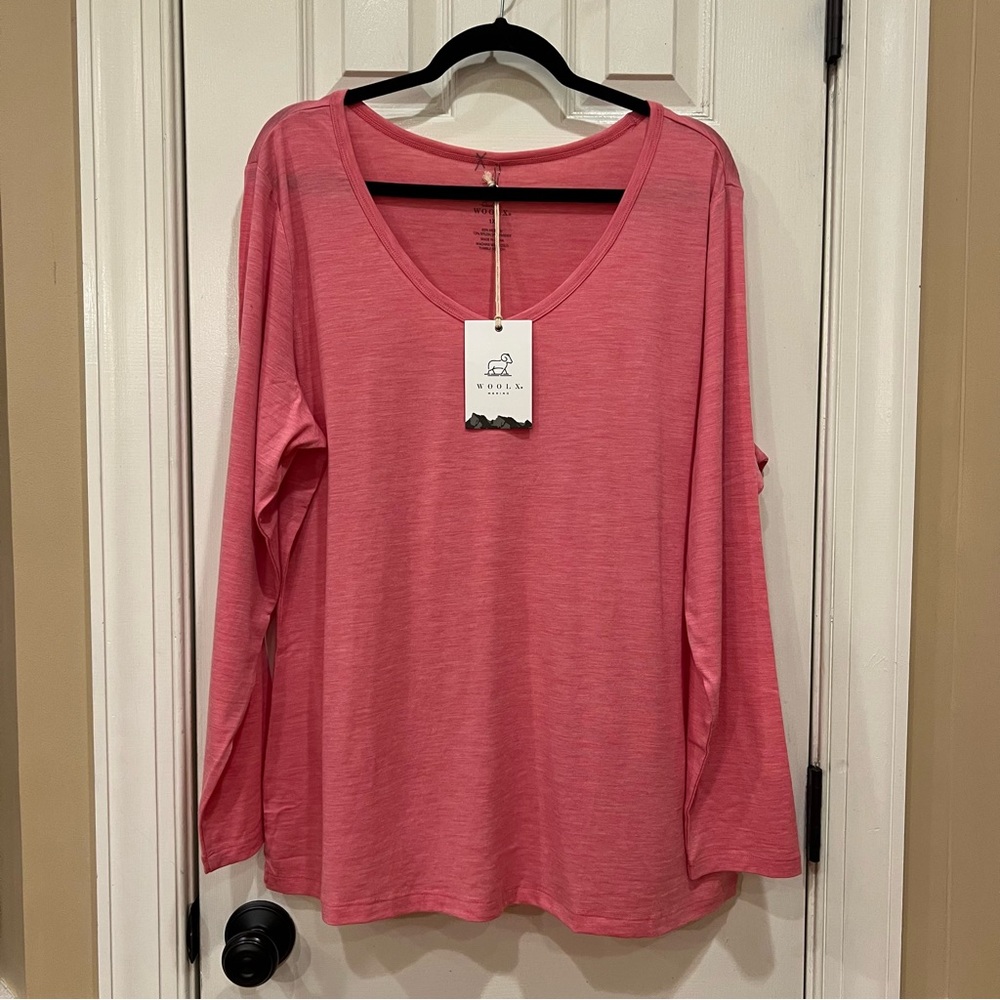 NWT Woolx Layla V-Neck Top Merino Wool Blend Size XL 1X Pink Long Sleeve Shirt